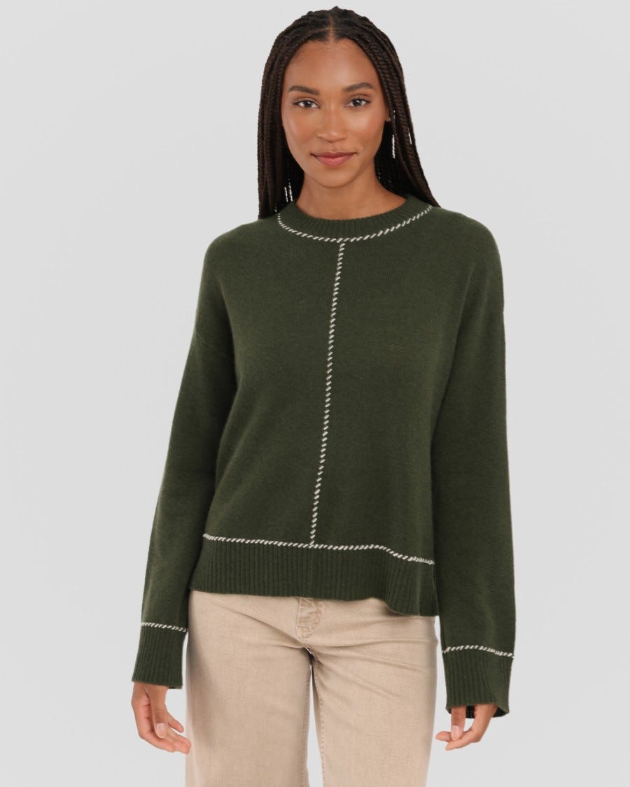 Cashmere Whip Stitch Relaxed Crew w White Tipping