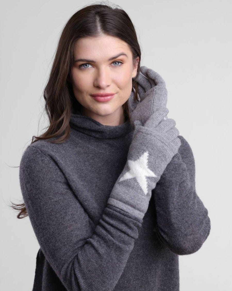 100% Cashmere w Angora Star Intarsia 3-in-1 Glove