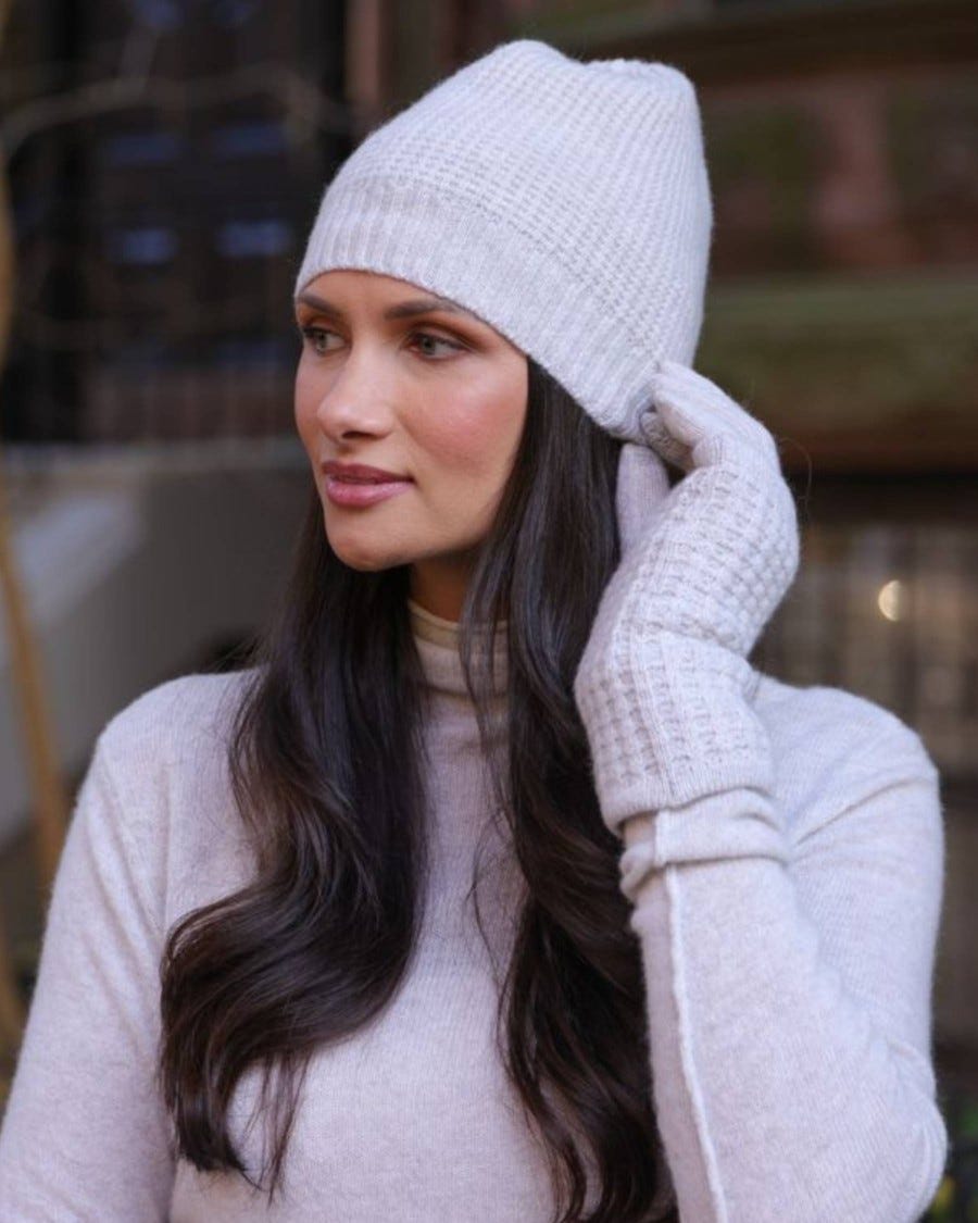 100% Cashmere Plush Waffle Stitch Beanie