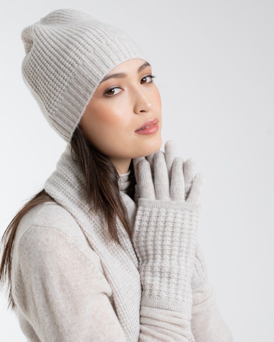 100% Cashmere Beanie Hat, Scarf & Gloves Set Light Grey | Frugess Cashmere