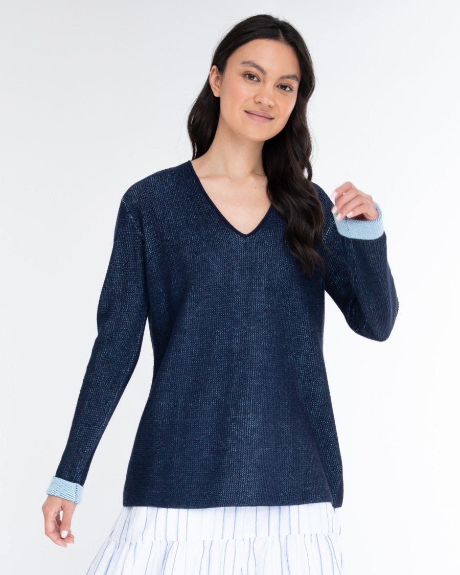 Cotton Cashmere Plaited Reversible Easy V Neck