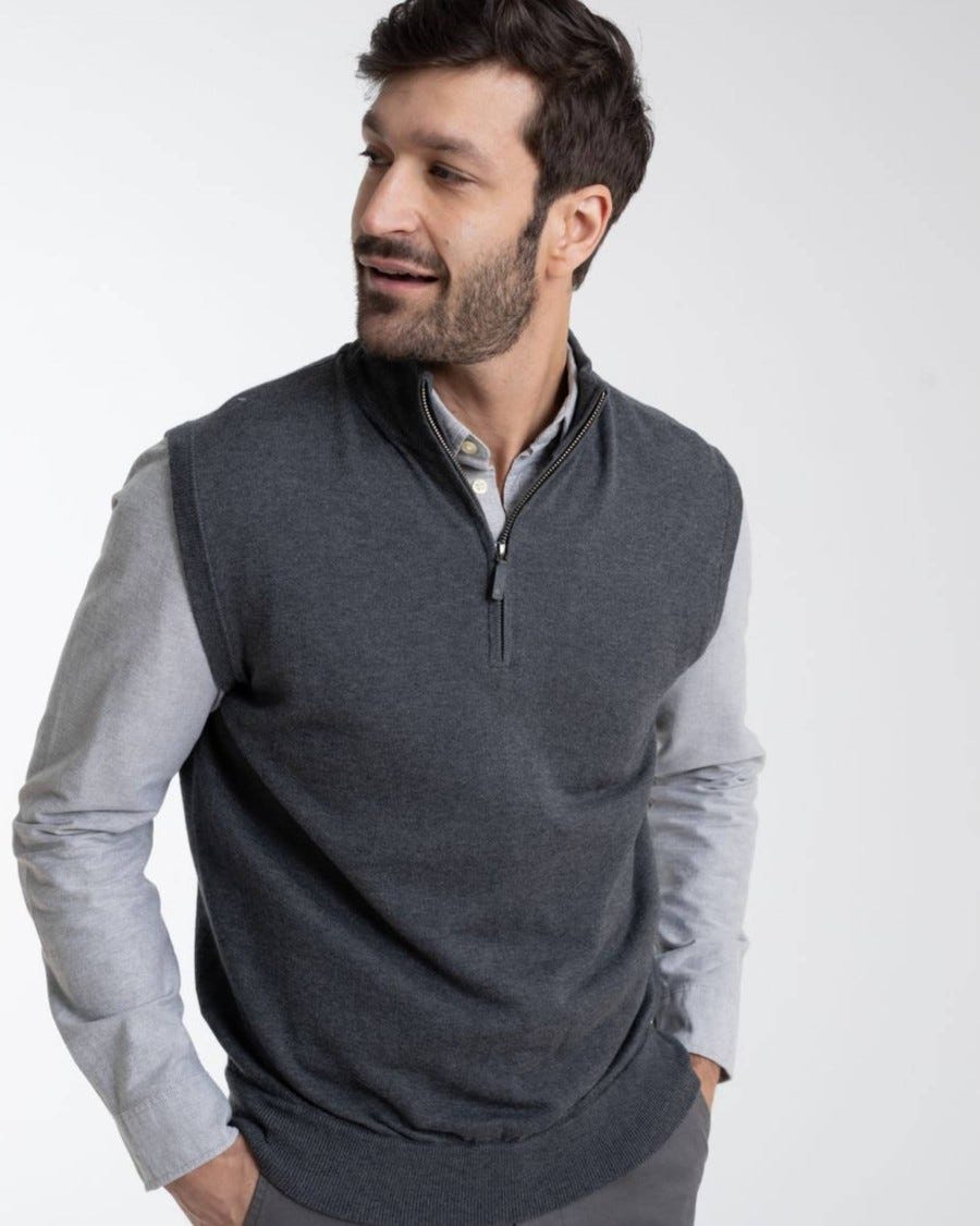 Person wearing Cotton Cashmere 1/4 Zip Mock Neck Vest
