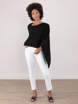 100% Cashmere Pearl Trim Women's Dress Women's Topper Poncho in Black